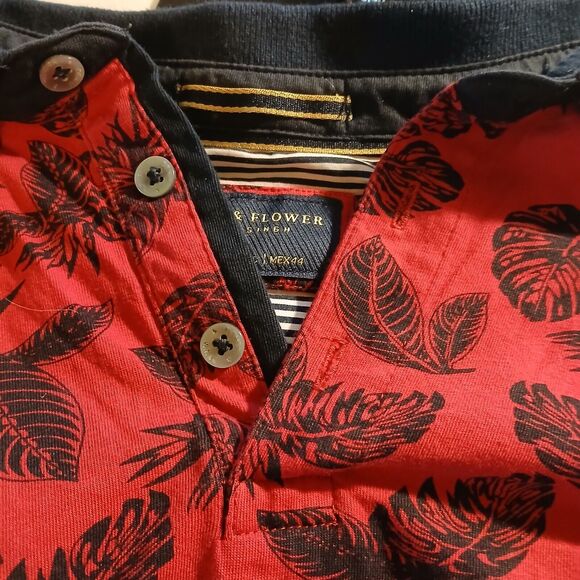 Denim & Flower Ricky Singh Mens XL 1/4 Button Short Sleeve Red Hawaiian With Blk - Picture 5 of 11